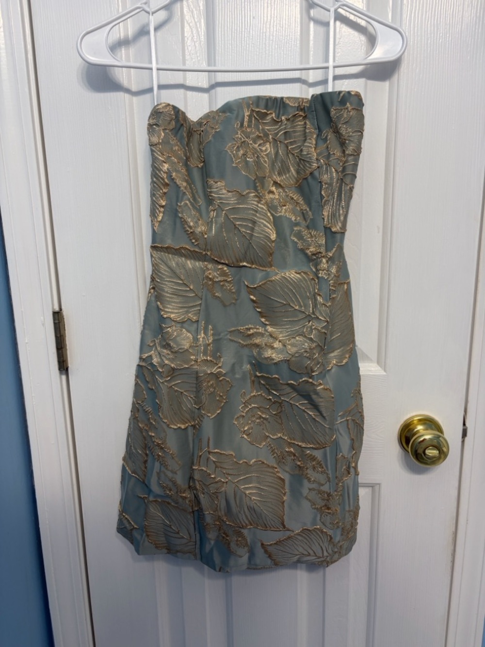 Strapless Blue-Green Dress with Gold Floral Embroidery
